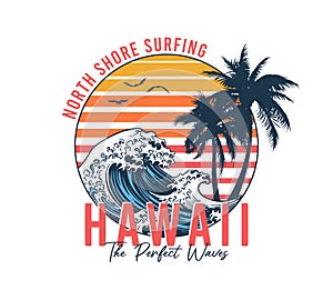 Hawaii, Aloha slogan t-shirt with palm trees and waves.